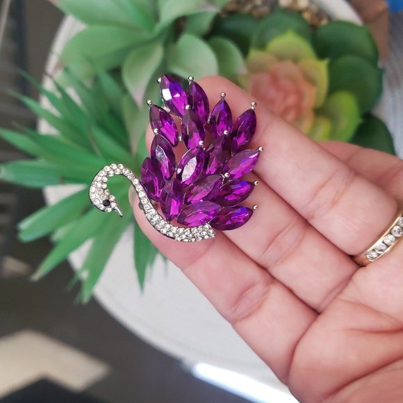 Purple Rhinestone Swan Brooch Pin - Picture 3 of 6